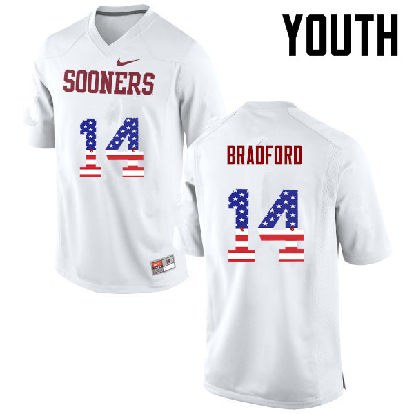Youth Oklahoma Sooners #14 Sam Bradford College Football USA Flag Fashion Jerseys-White - Click Image to Close